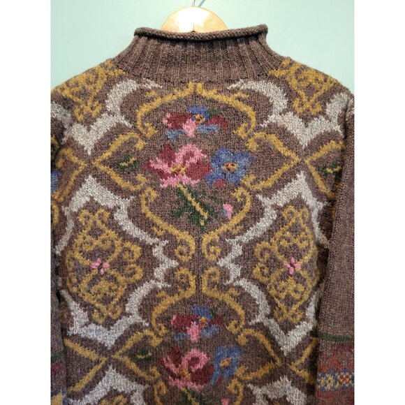 Vtg Express Tricot Wool Blend Mock Neck Tunic Sweater Brown Floral Sz M - Picture 2 of 7